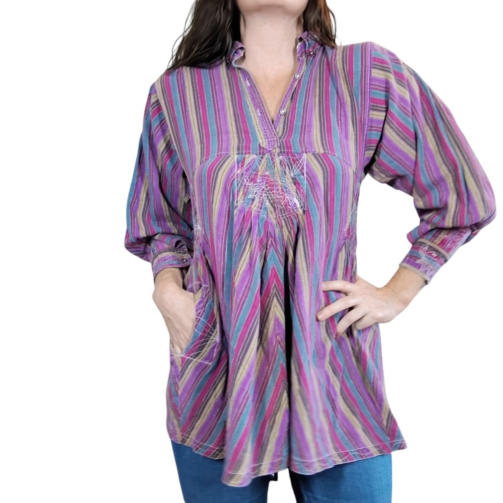 Vintage Bohemian Tunic Womens Small Striped Elephant Embroidered Hippie 70s Boho - Picture 2 of 15